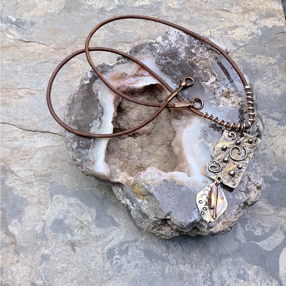 Mixed Metal Leather Cord Necklace Handmade - Picture 2 of 4